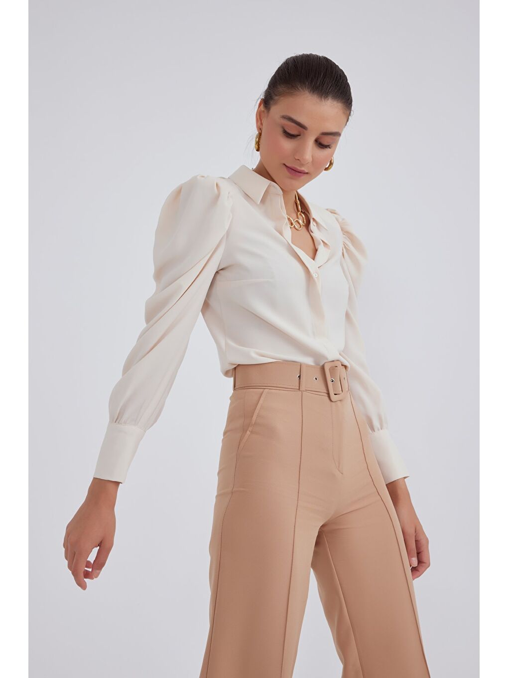 Vatkalı Klasik Gömlek - Bej-1