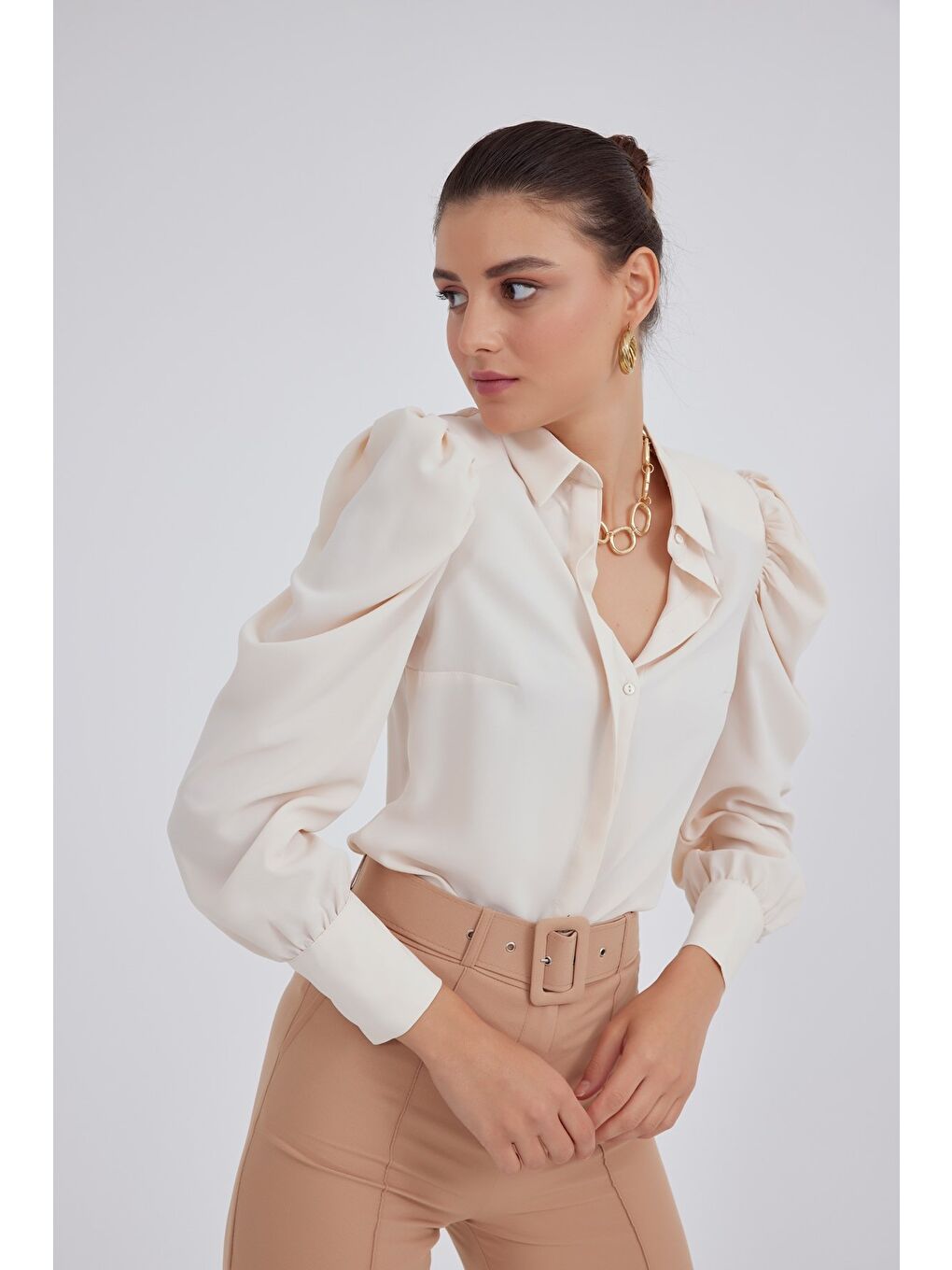 Vatkalı Klasik Gömlek - Bej-2