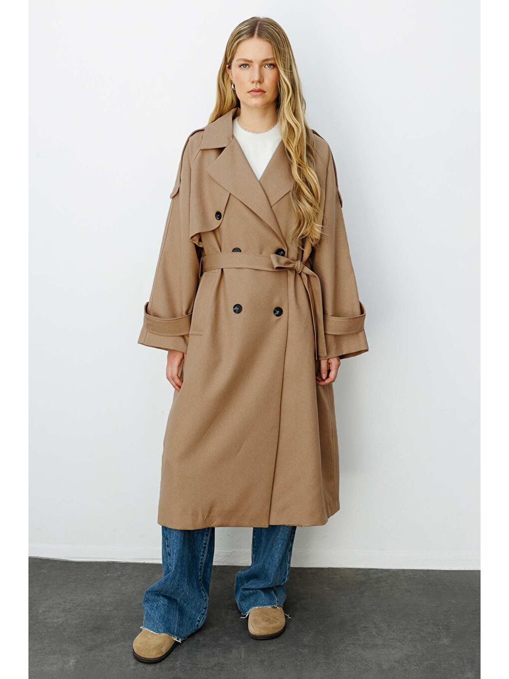 Kahverengi Premium Kruvaze Camel Trençkot