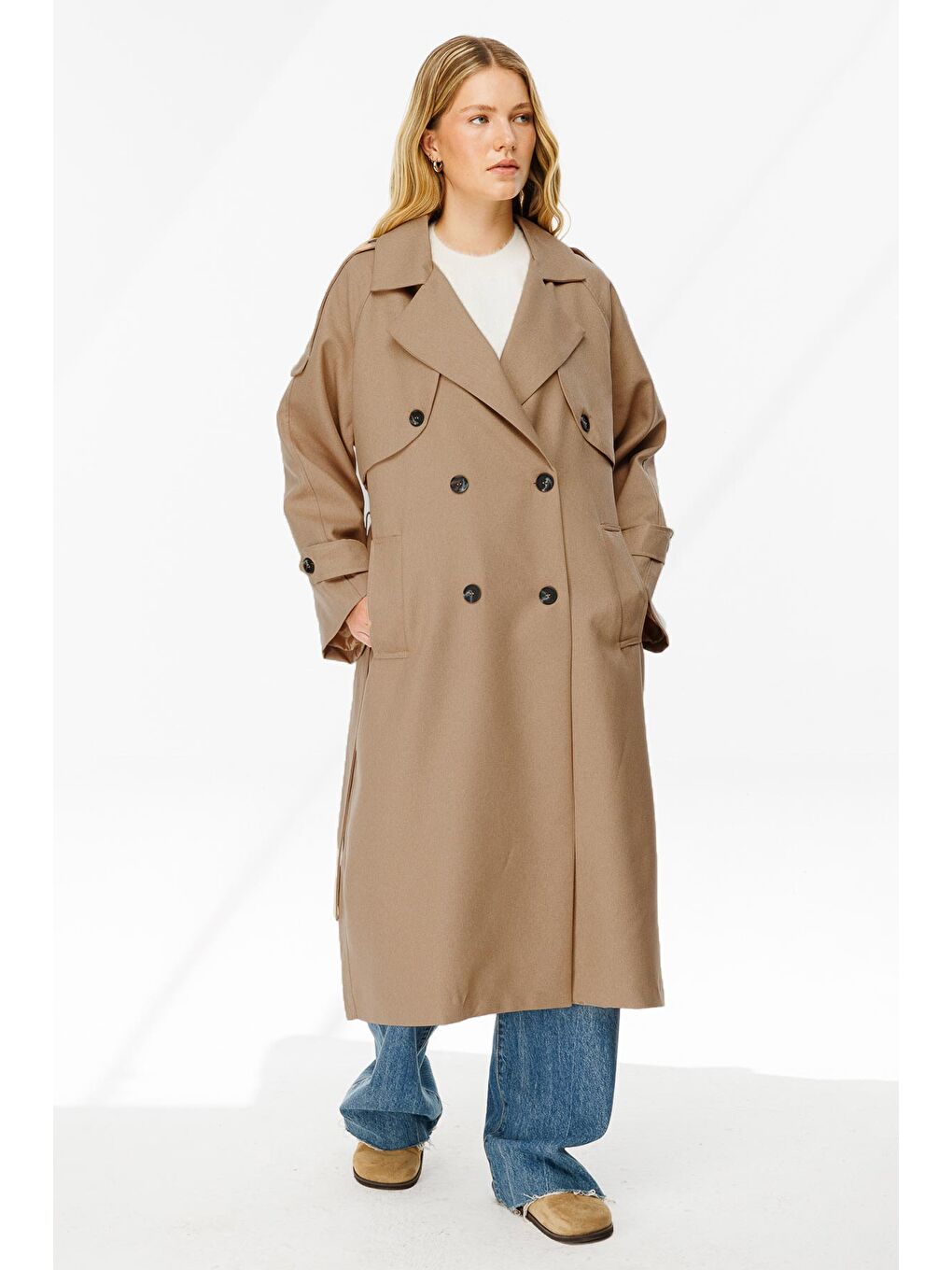 Kahverengi Premium Kruvaze Camel Trençkot-2