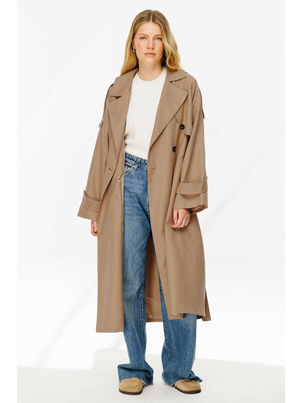 Kahverengi Premium Kruvaze Camel Trençkot-4