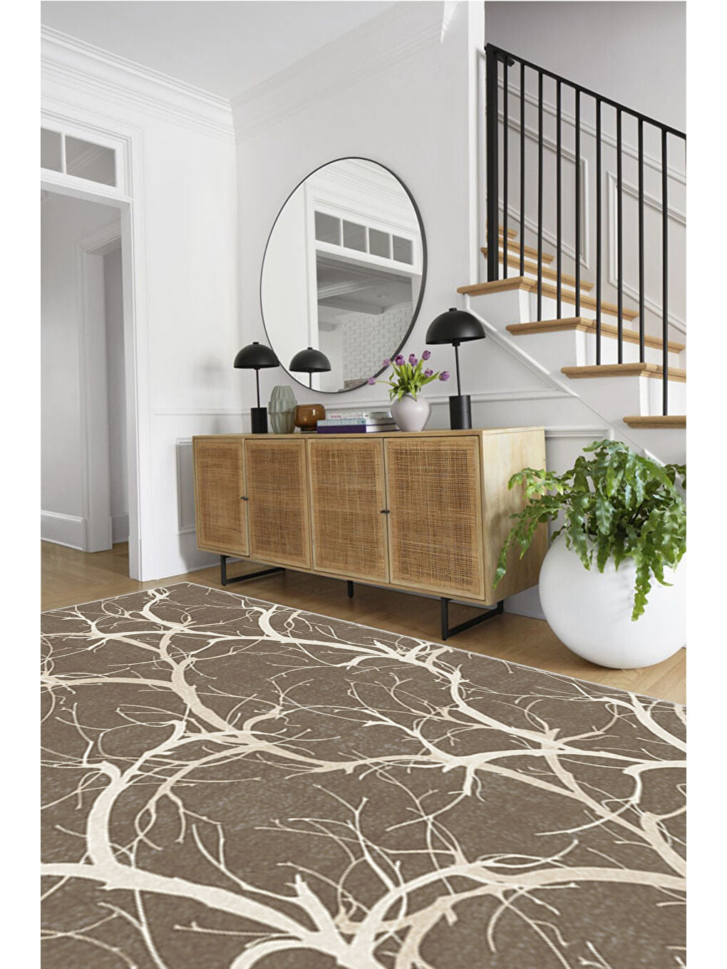 Kahverengi Dekoratif Özel Tasarım Yıkanabilir İnce Kaymaz Tabanlı Modern Halı KECE FR19-2