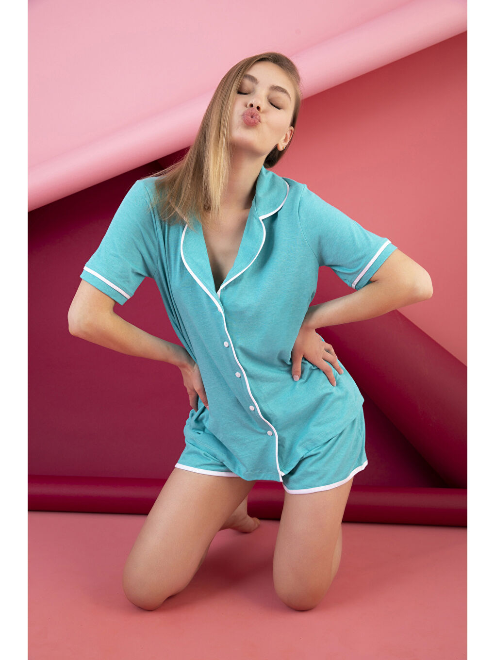 Elitol Turkuaz Düğmeli Şortlu Pijama Takım
