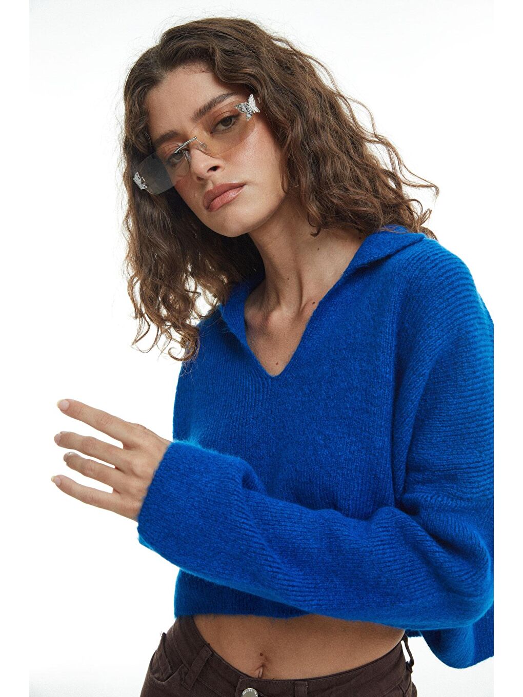 Mavi Gömlek Yaka Crop  Sax-2