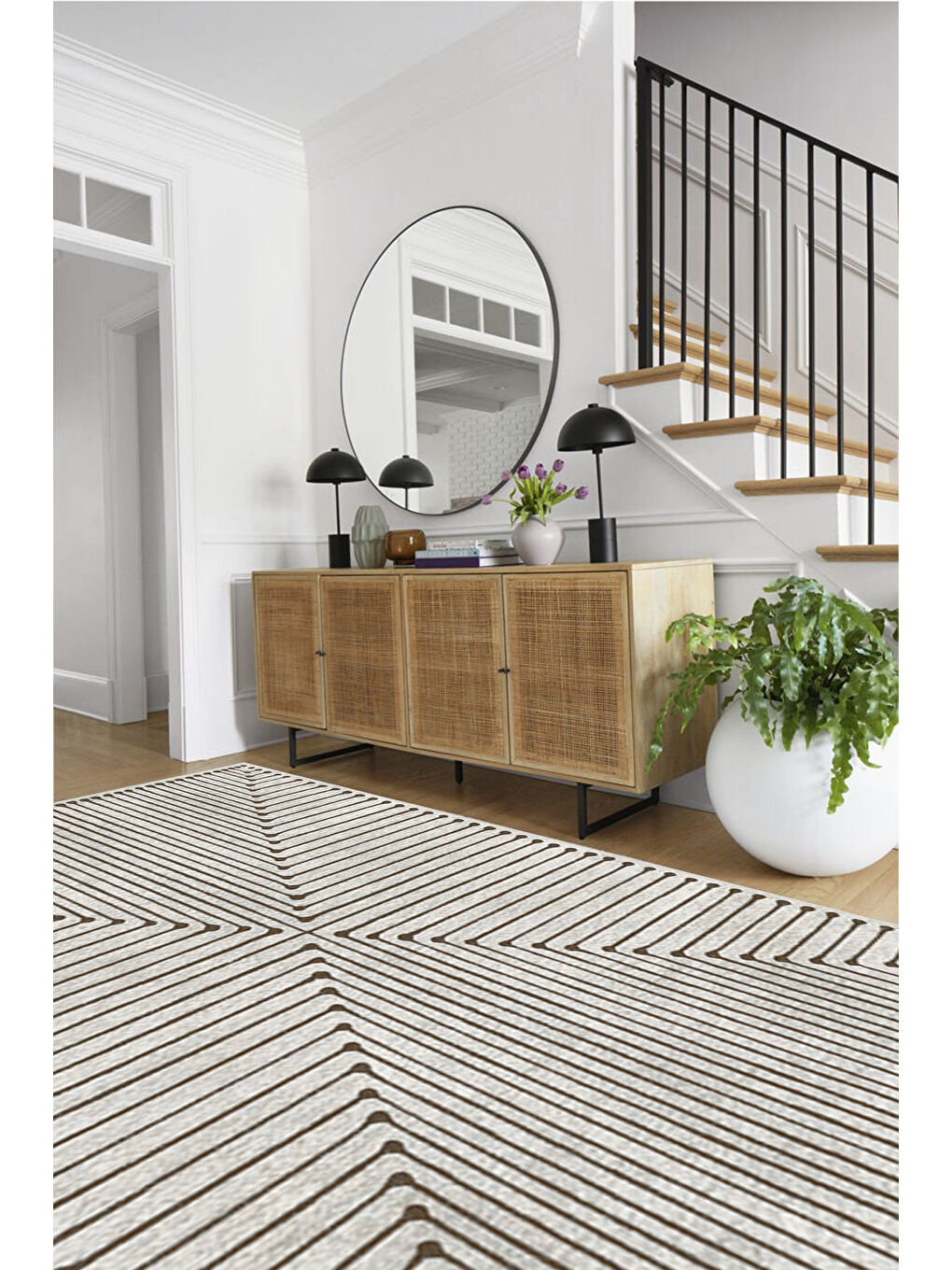 Beyaz Dekoratif Özel Tasarım Yıkanabilir İnce Kaymaz Tabanlı Modern Halı KECE FR18-2