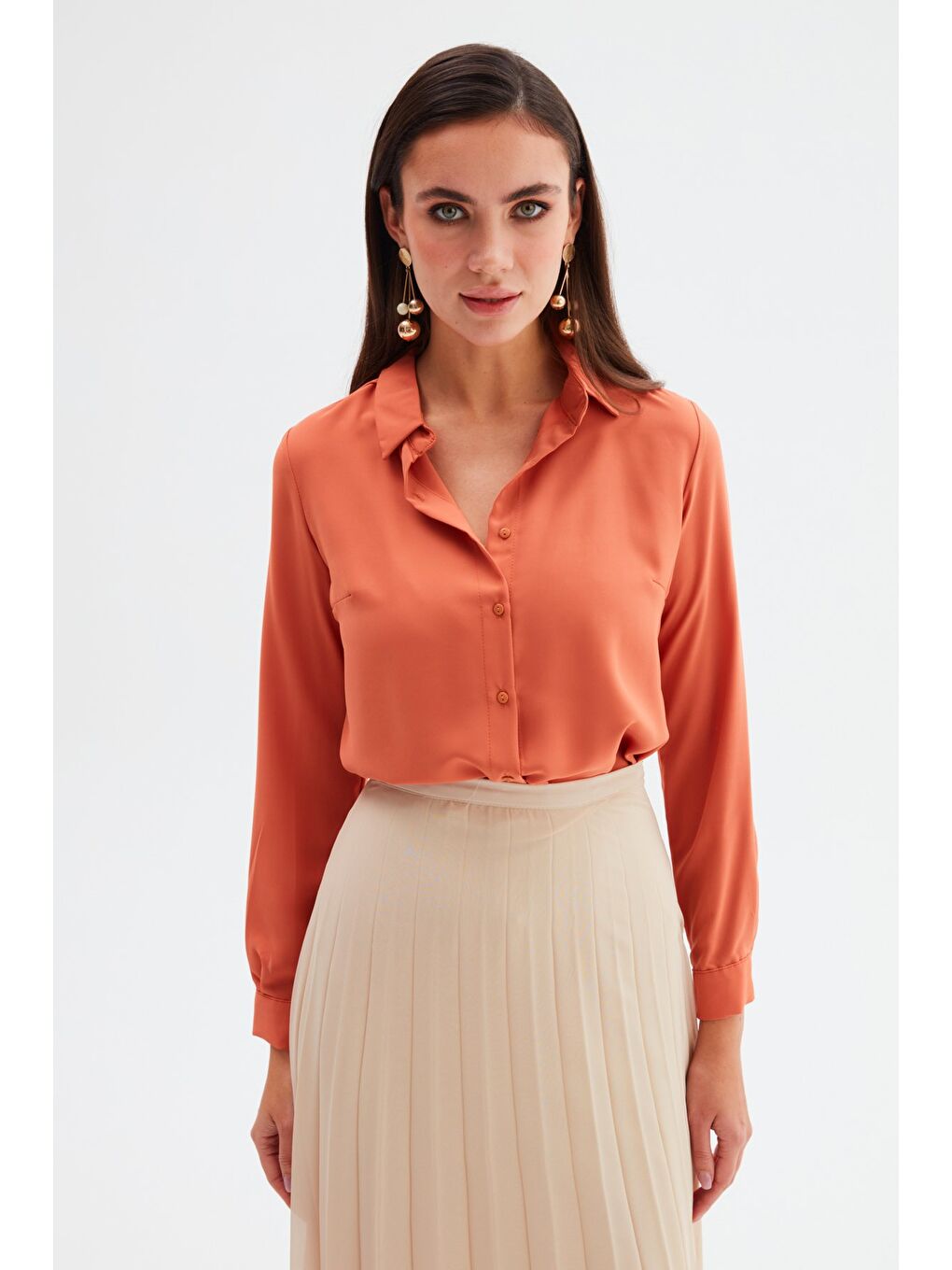 Kahverengi Düz Klasik Gömlek - Tarçın