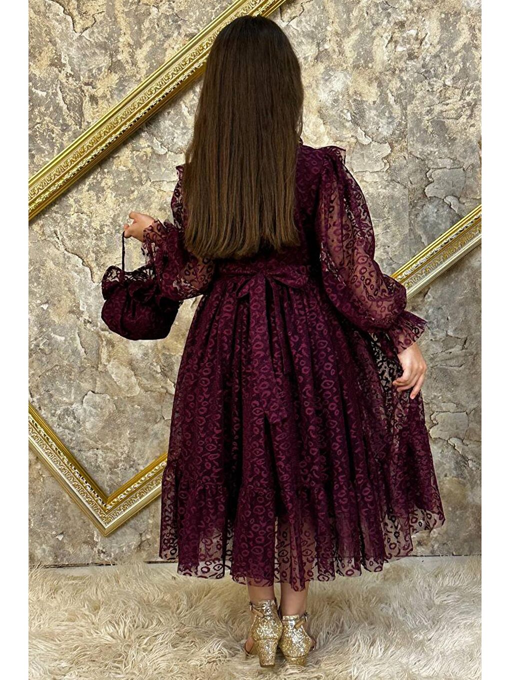 Kız Çocuk Yakası Fırfırlı Transparan Detaylı Desenli Mor Elbise 6-9Yaş-1