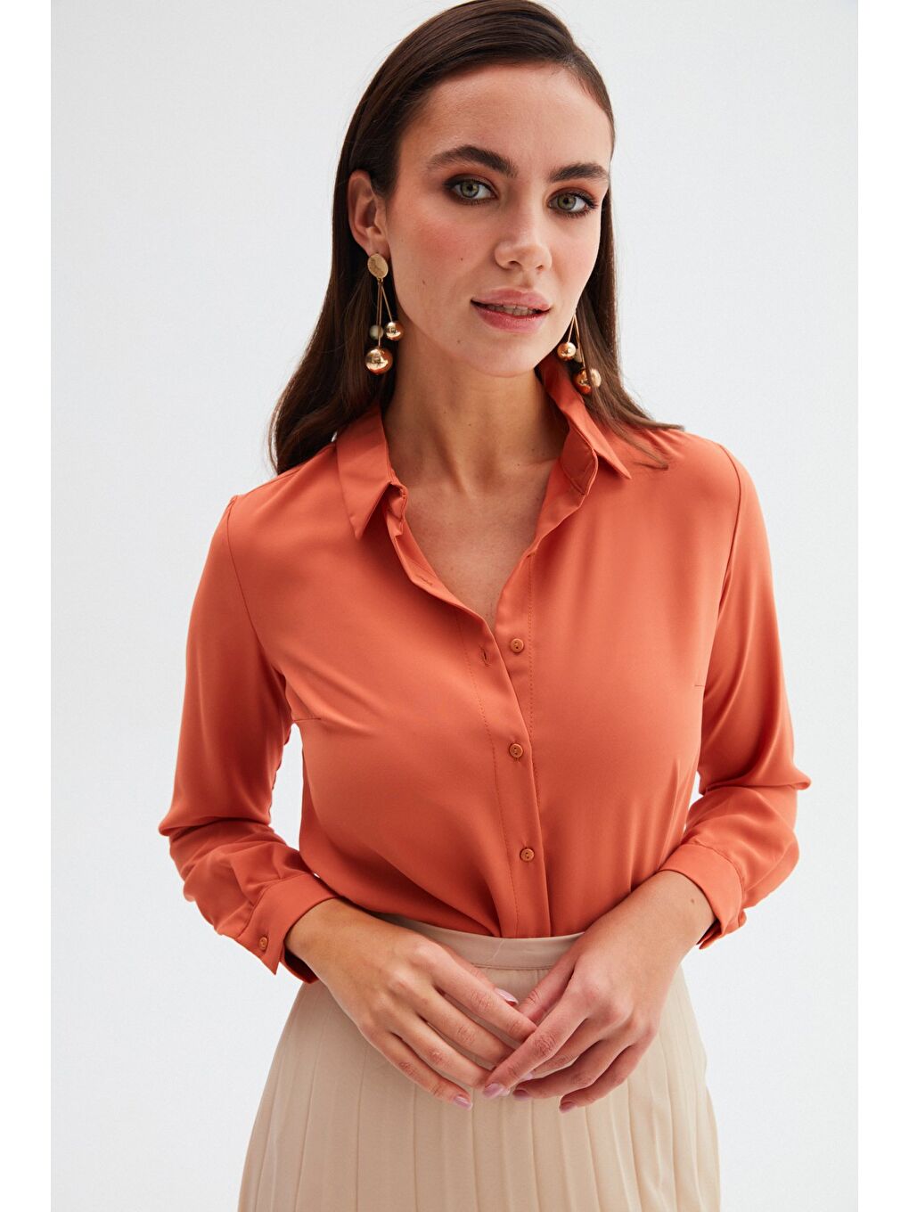 Kahverengi Düz Klasik Gömlek - Tarçın-1