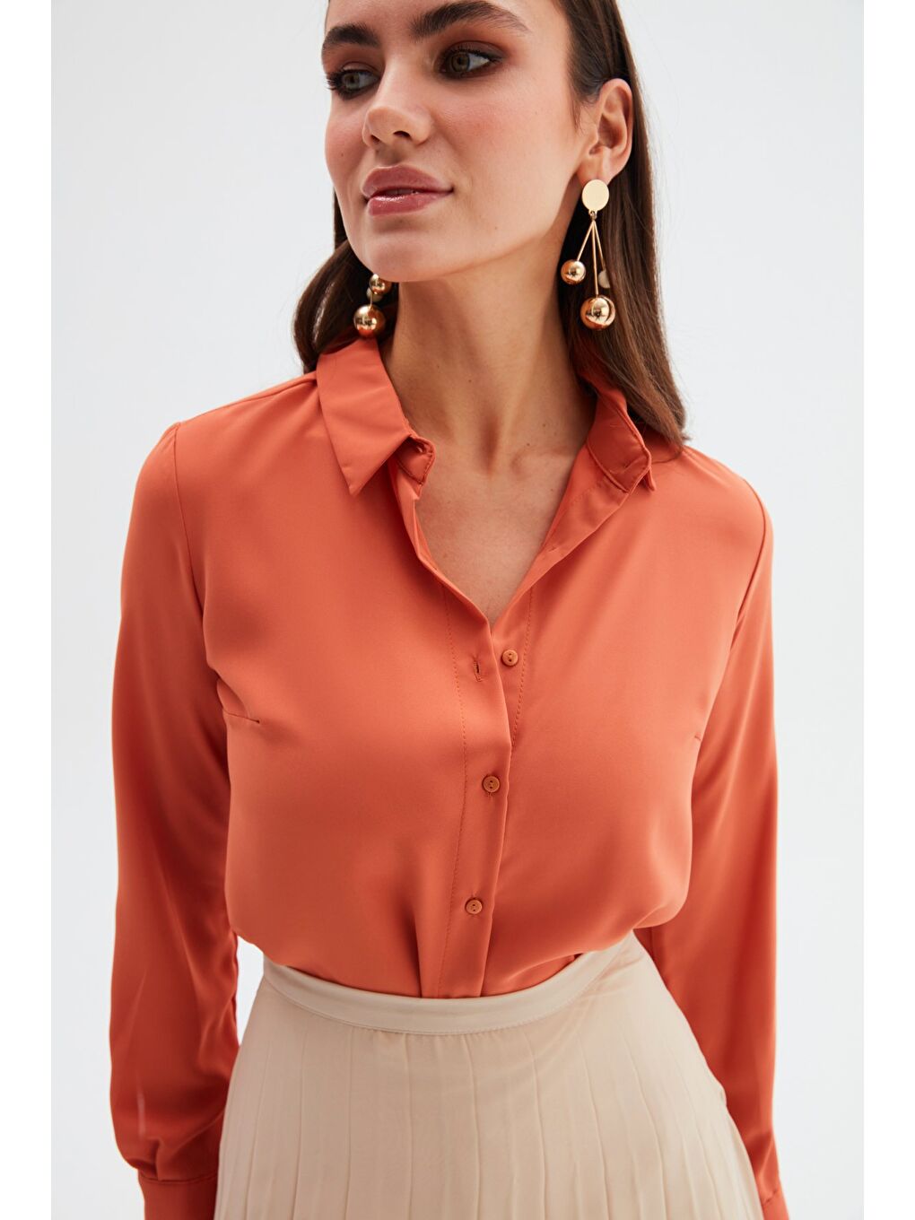 Kahverengi Düz Klasik Gömlek - Tarçın-2