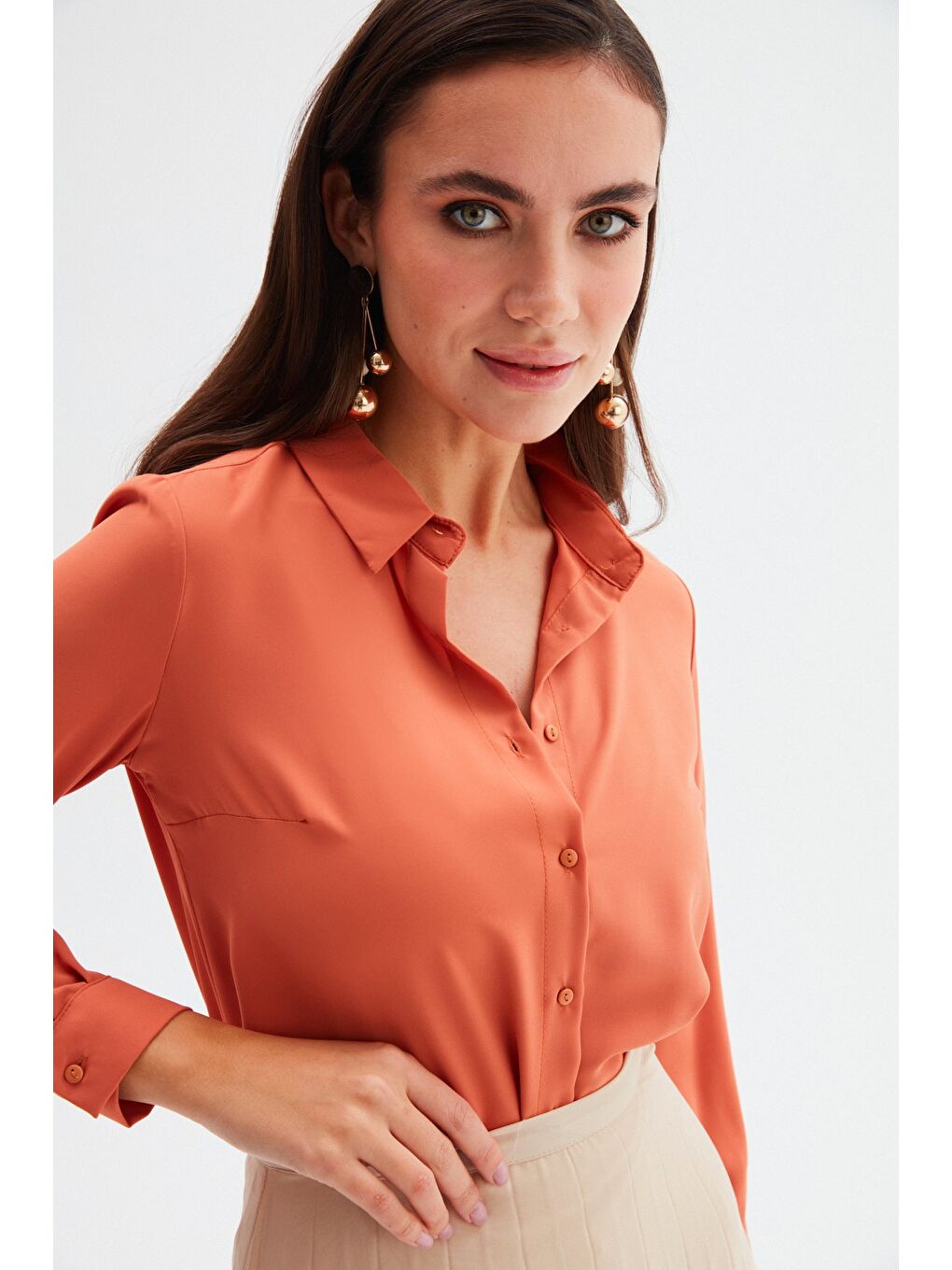 Kahverengi Düz Klasik Gömlek - Tarçın-3