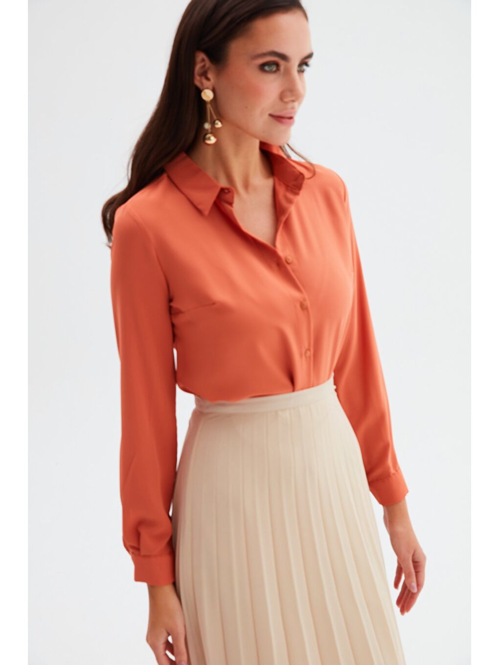 Kahverengi Düz Klasik Gömlek - Tarçın-4