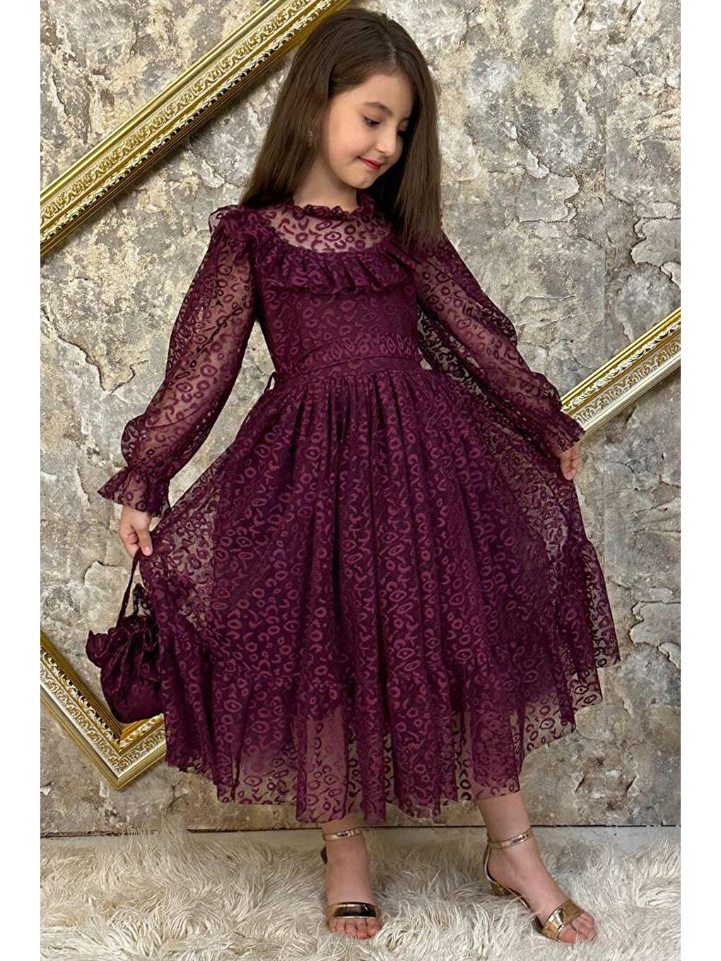 Kız Çocuk Yakası Fırfırlı Transparan Detaylı Desenli Mor Elbise 6-9Yaş-2