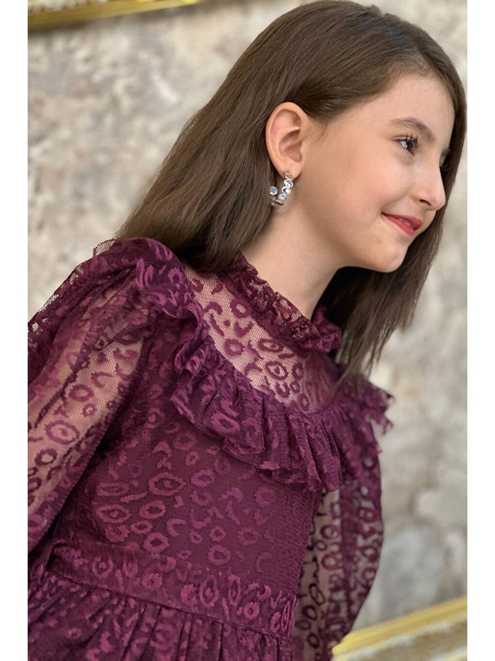 Kız Çocuk Yakası Fırfırlı Transparan Detaylı Desenli Mor Elbise 6-9Yaş-3