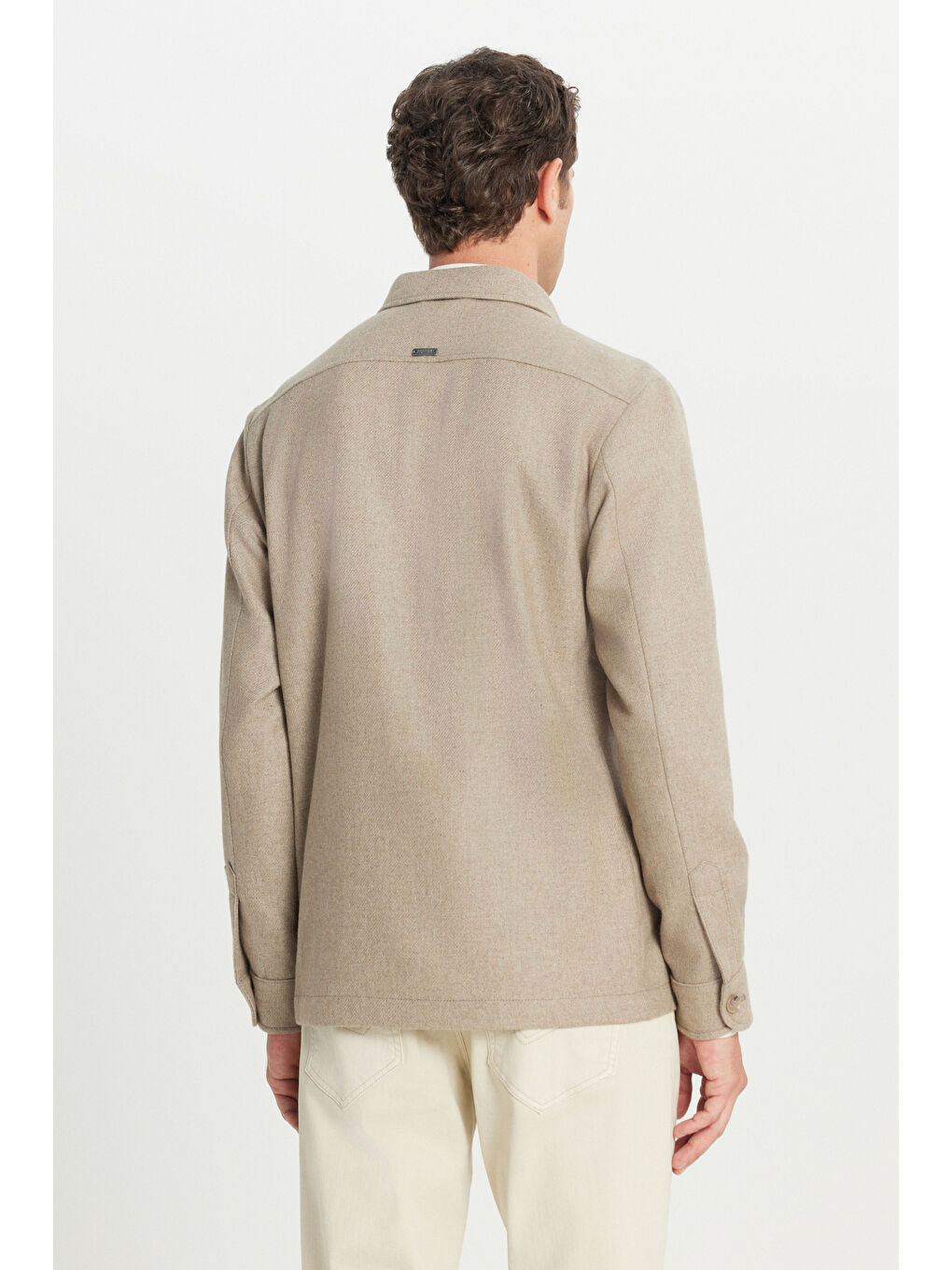 Erkek Bej Yünlü Comfort Fit Rahat Kesim Gömlek Yaka Çift Kapak Cepli Mont-3