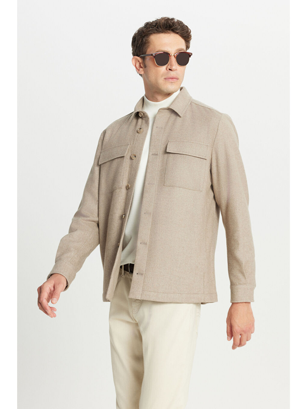Erkek Bej Yünlü Comfort Fit Rahat Kesim Gömlek Yaka Çift Kapak Cepli Mont-5