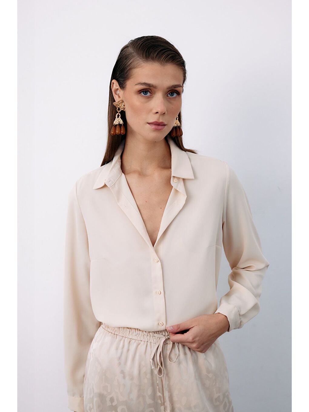 Düz Klasik Gömlek - Bej-1