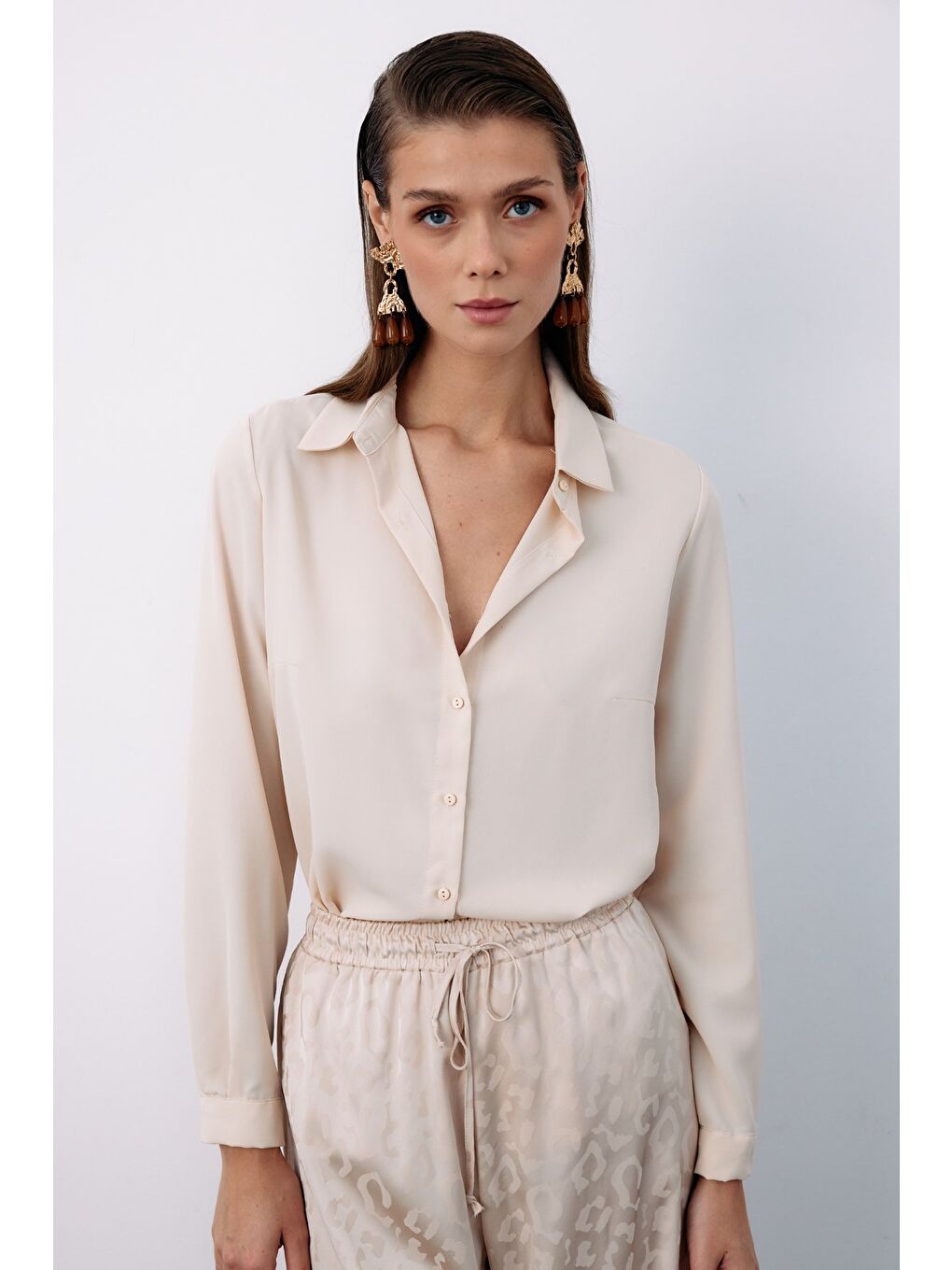 Düz Klasik Gömlek - Bej-2