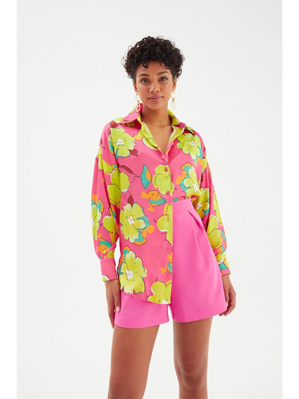 Çiçek Desenli Oversize Gömlek - Çağla Yeşili-1