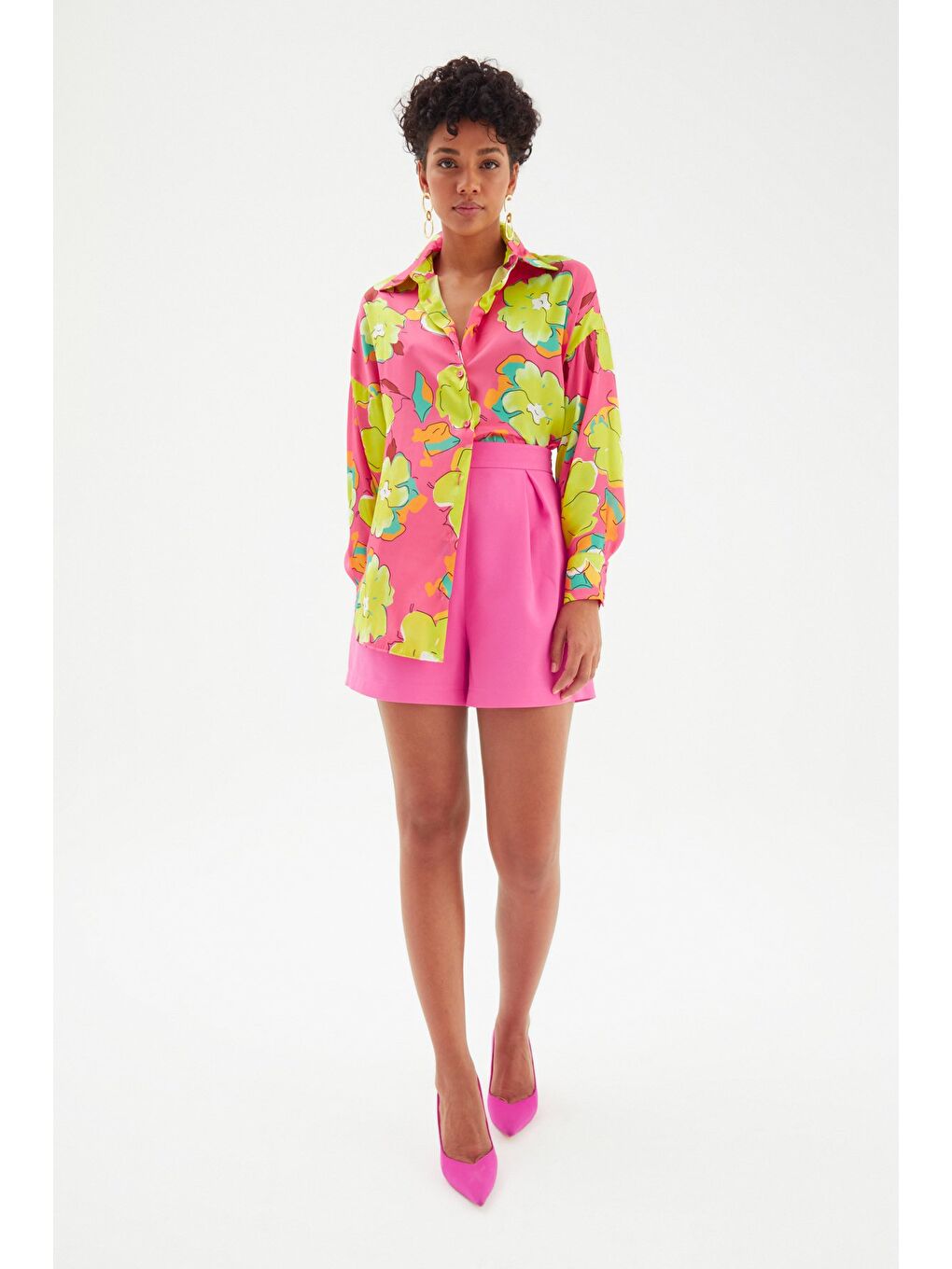 Çiçek Desenli Oversize Gömlek - Çağla Yeşili-2