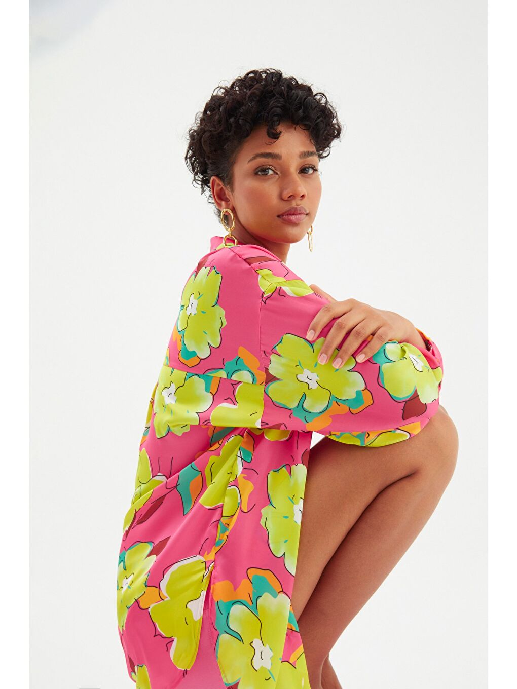 Çiçek Desenli Oversize Gömlek - Çağla Yeşili-3