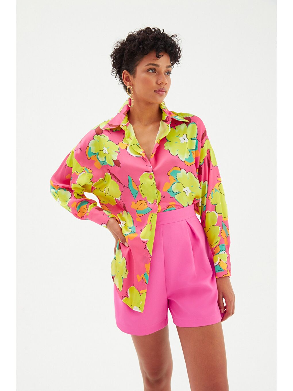 Çiçek Desenli Oversize Gömlek - Çağla Yeşili-4