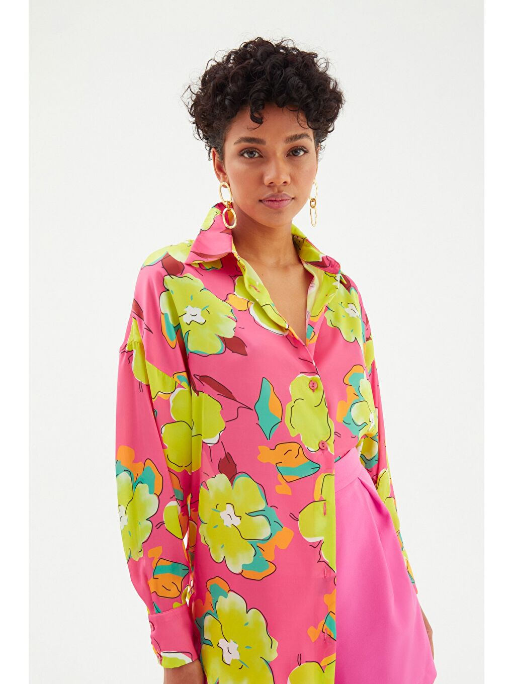 Çiçek Desenli Oversize Gömlek - Çağla Yeşili-5