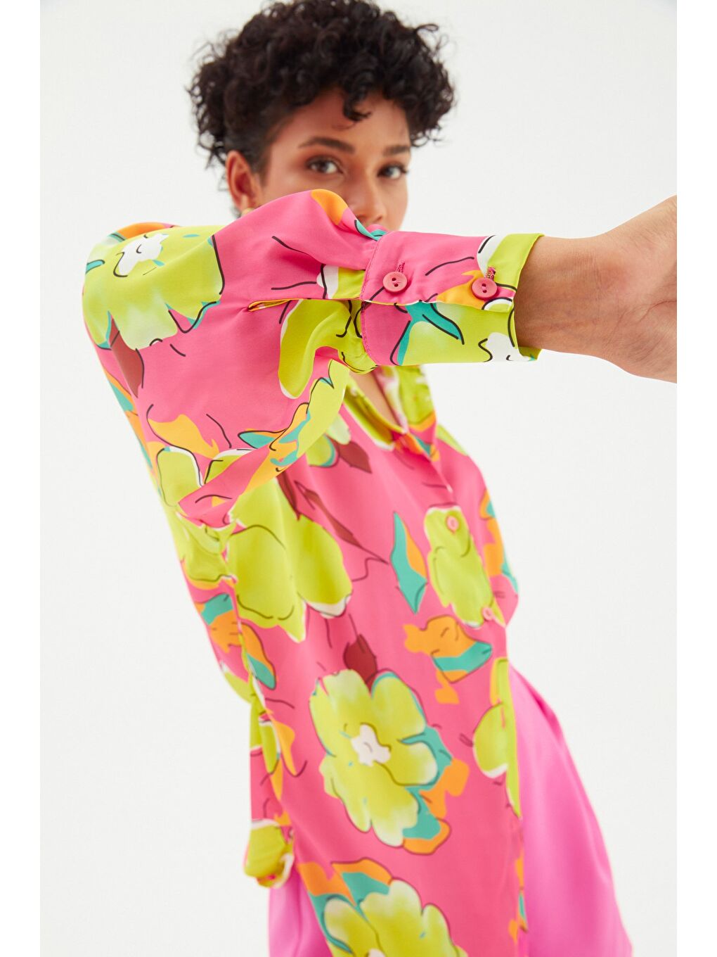 Çiçek Desenli Oversize Gömlek - Çağla Yeşili-6