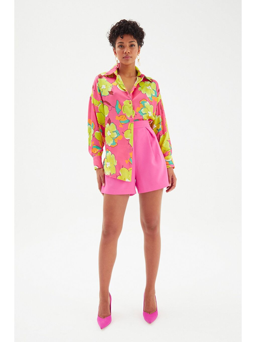 Çiçek Desenli Oversize Gömlek - Çağla Yeşili-7