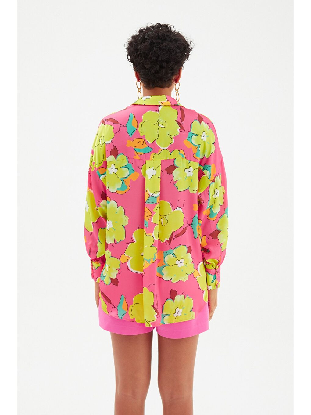 Çiçek Desenli Oversize Gömlek - Çağla Yeşili-8