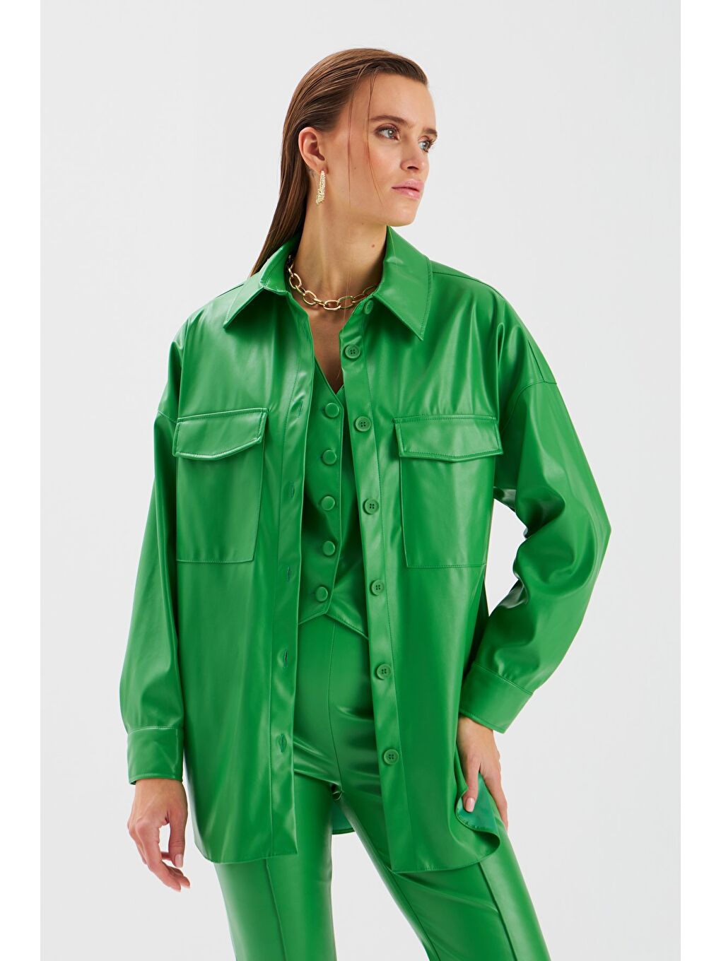 Cepli Uzun Deri Gömlek - Yeşil