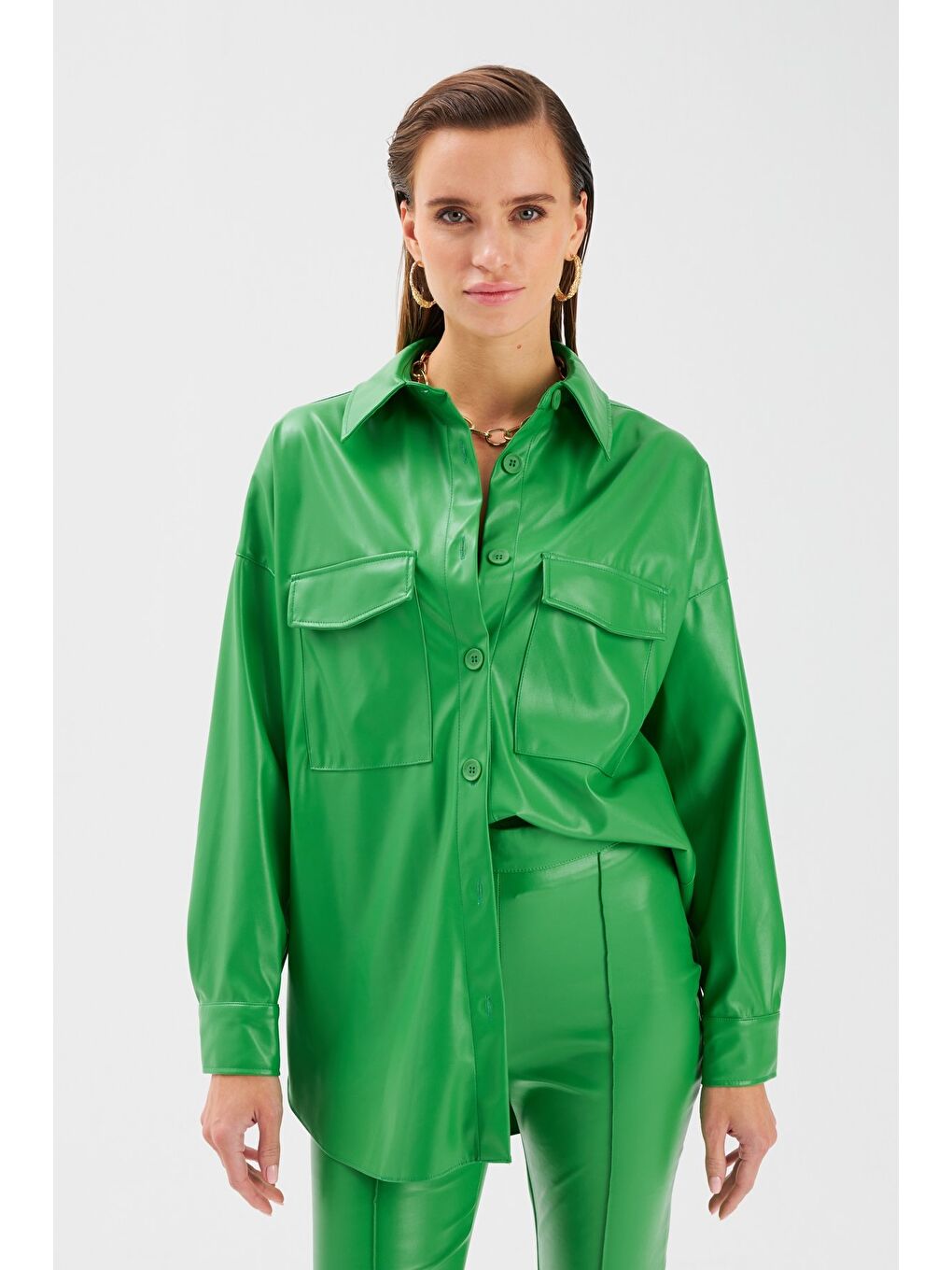 Cepli Uzun Deri Gömlek - Yeşil-3