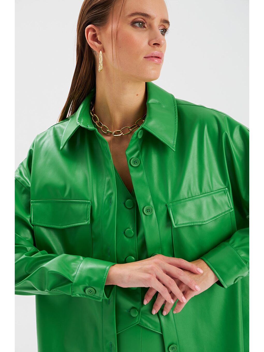 Cepli Uzun Deri Gömlek - Yeşil-4