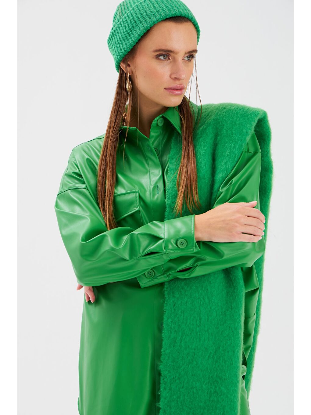 Cepli Uzun Deri Gömlek - Yeşil-5