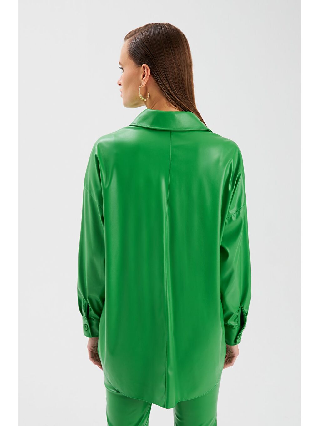 Cepli Uzun Deri Gömlek - Yeşil-6