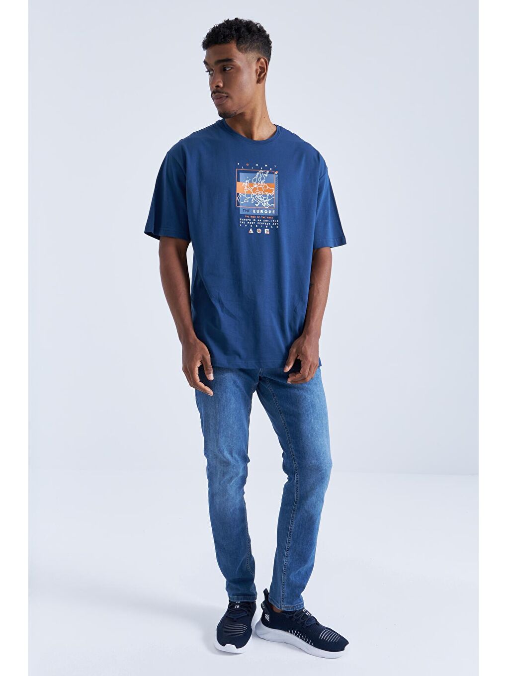 TOMMYLIFE İndigo Baskı Detaylı O Yaka Erkek Oversize T-Shirt - 88094 - 1