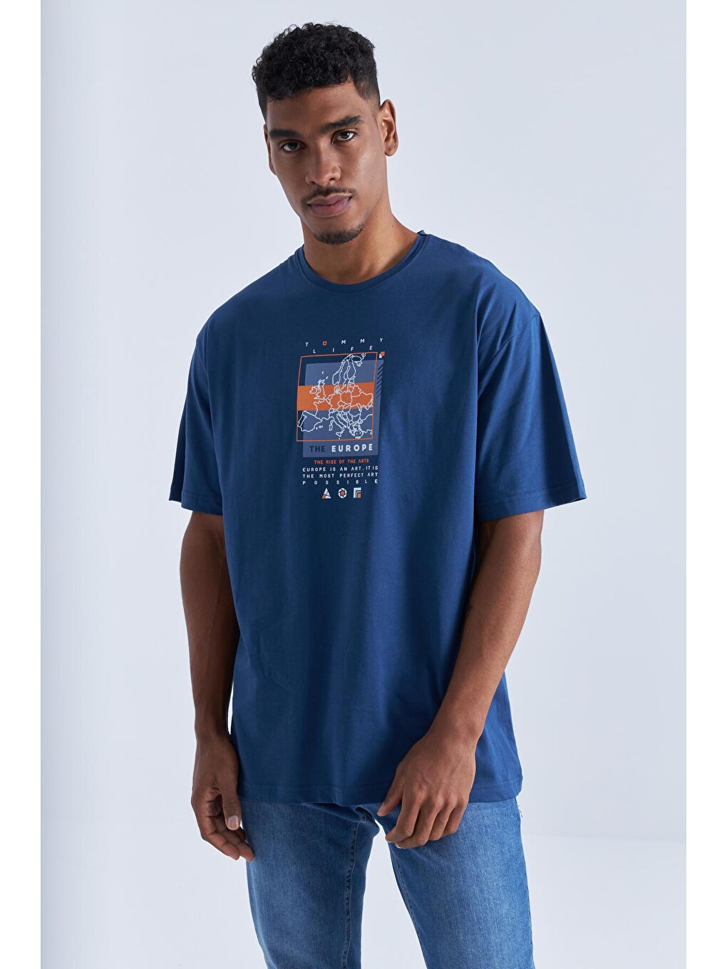 TOMMYLIFE İndigo Baskı Detaylı O Yaka Erkek Oversize T-Shirt - 88094 - 4