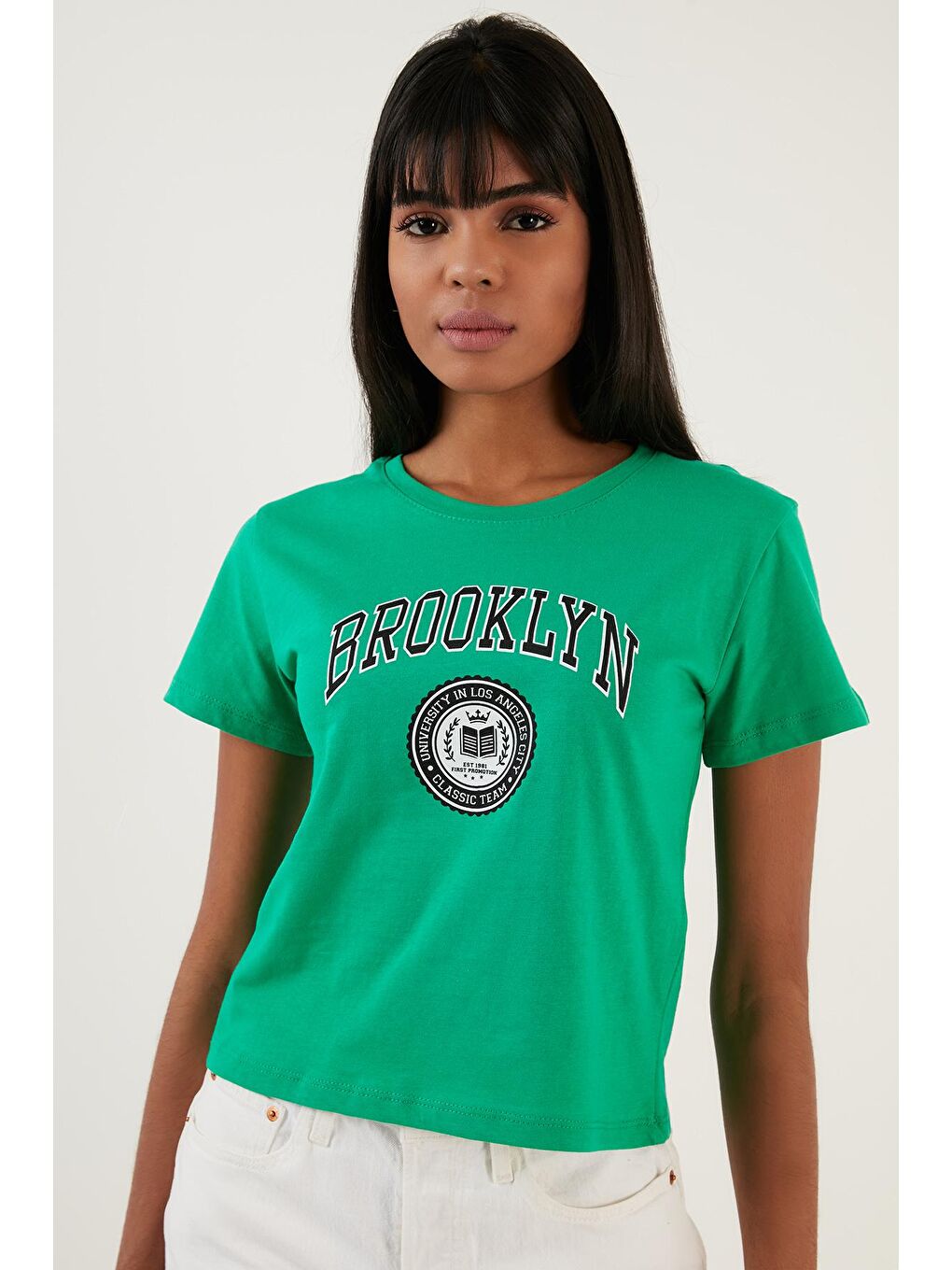 Yeşil Brooklyn Baskılı Bisiklet Yaka Dar Kesim T Shirt 5864581-2