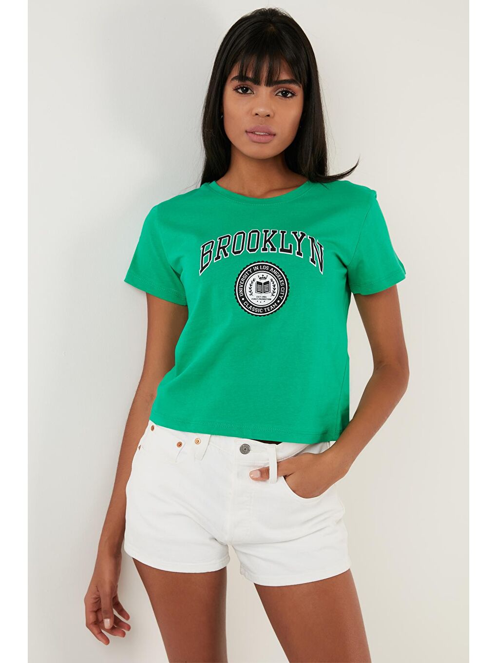 Yeşil Brooklyn Baskılı Bisiklet Yaka Dar Kesim T Shirt 5864581-3