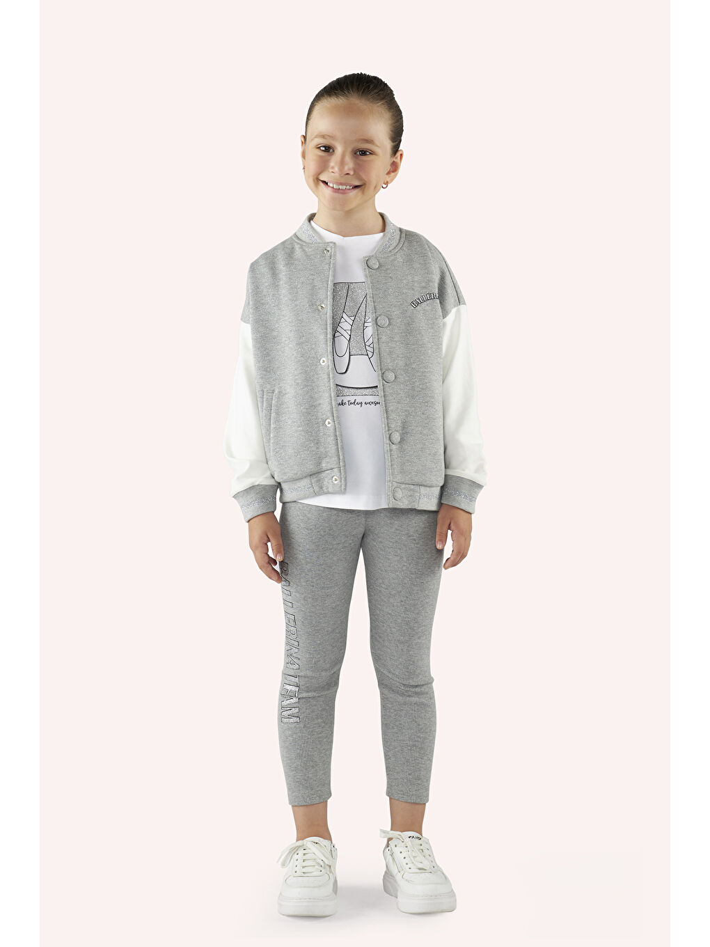 Kız Çocuk Nakış Detaylı Gri-Melanj Örme Ceket