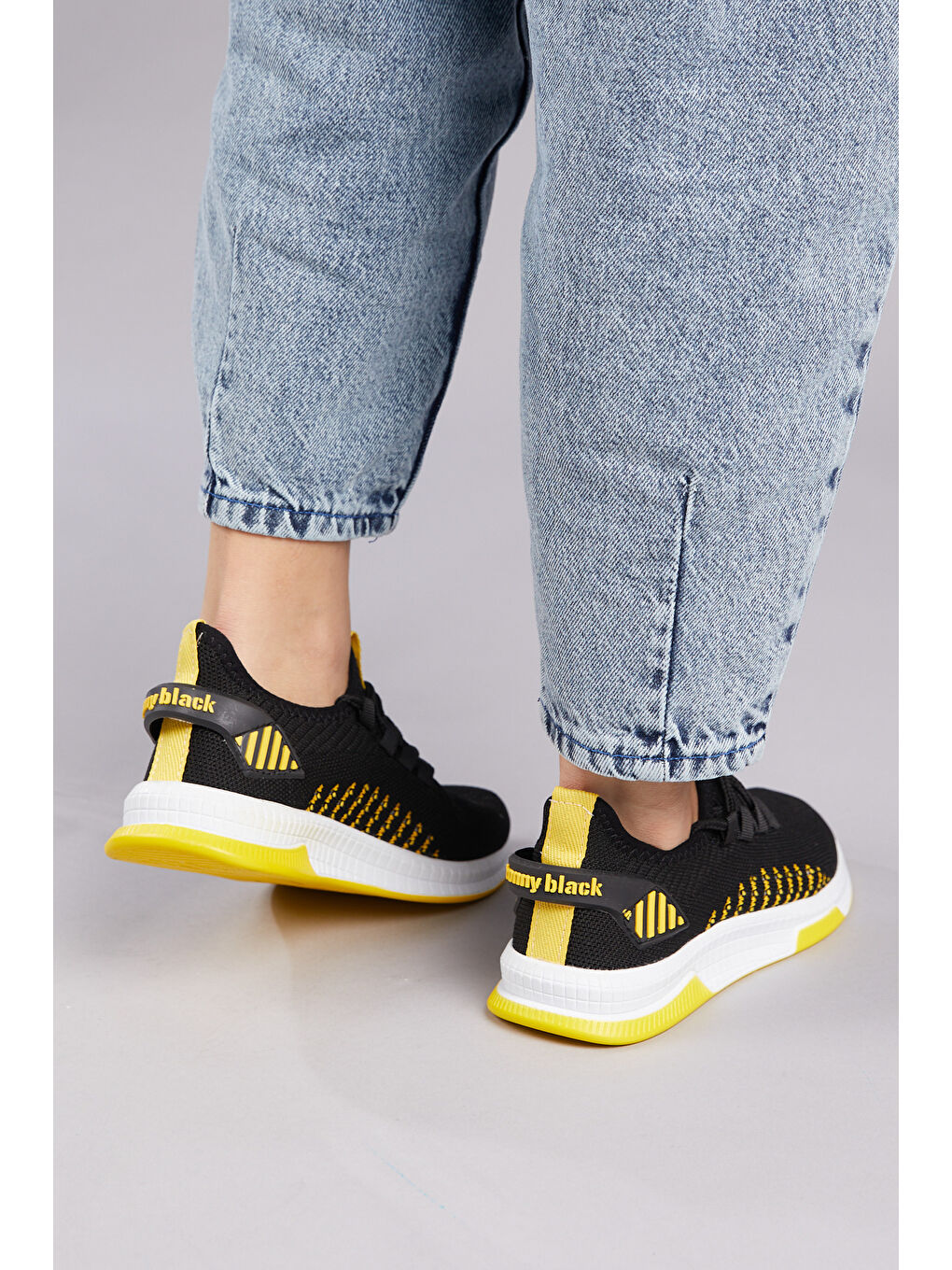 Unisex Siyah Sarı Poli Taban Tekstil Kumaş Bağcıklı Spor Ayakkabı-2