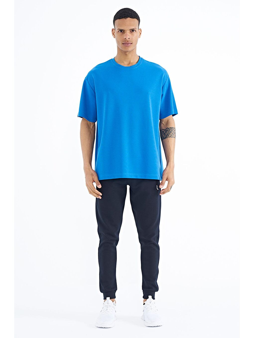 TOMMYLIFE Mavi Saks Kol Arma Detaylı Basic Oversize Erkek T-Shirt - 88193 - 1