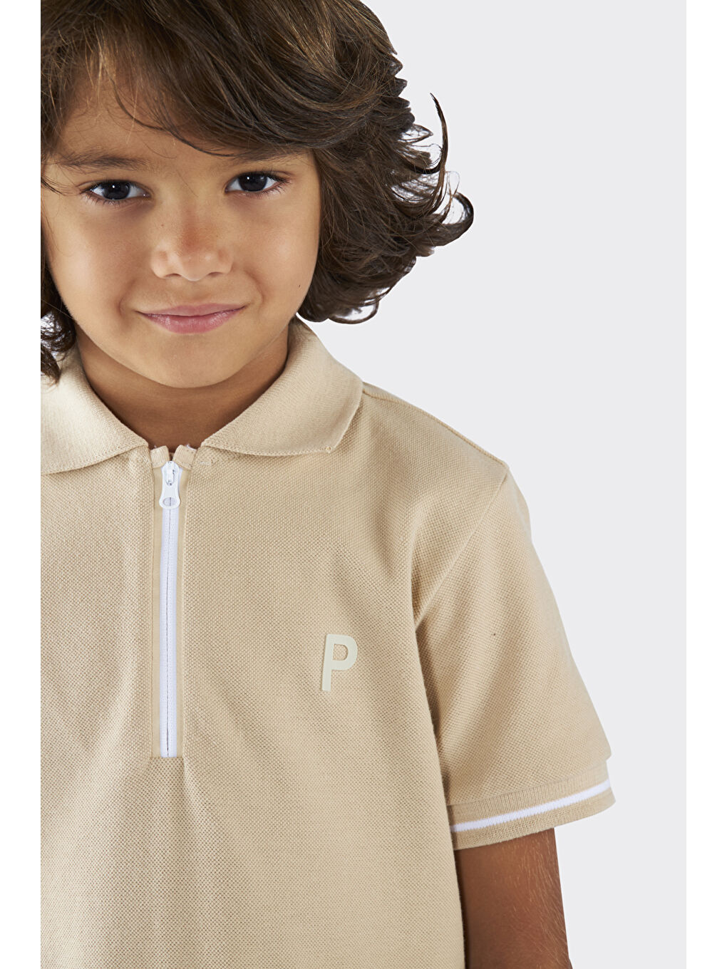 Unisex Çocuk Kısa Kollu Bej Polo Yaka Tişört-4