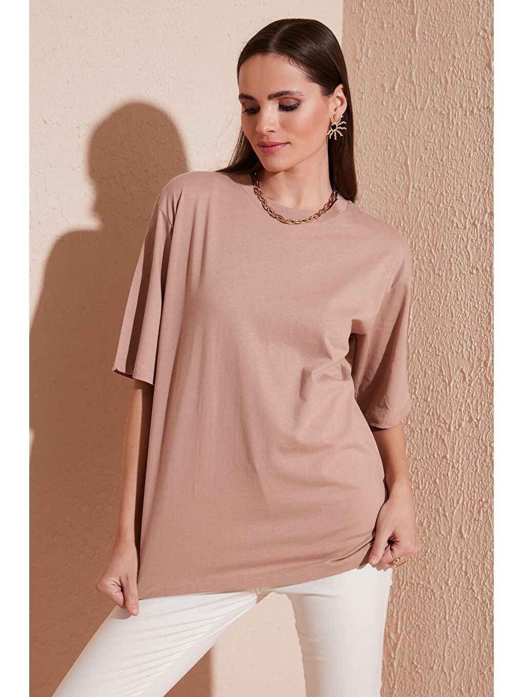 Lela Bej Pamuklu Oversize Bisiklet Yaka T Shirt 5864562