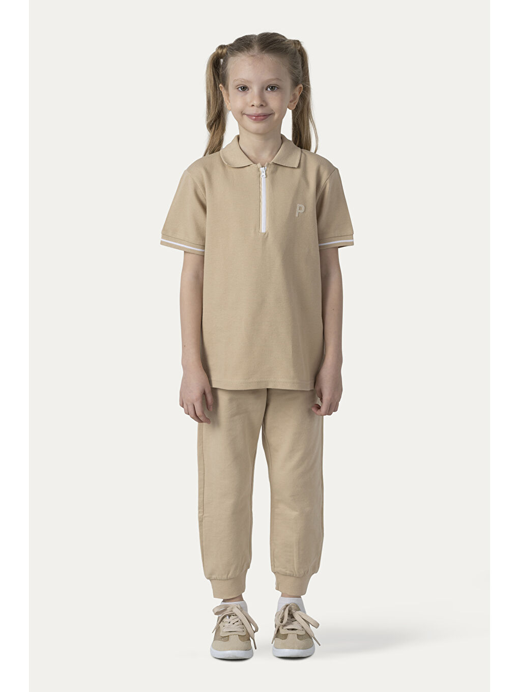 Unisex Çocuk Kısa Kollu Bej Polo Yaka Tişört-5