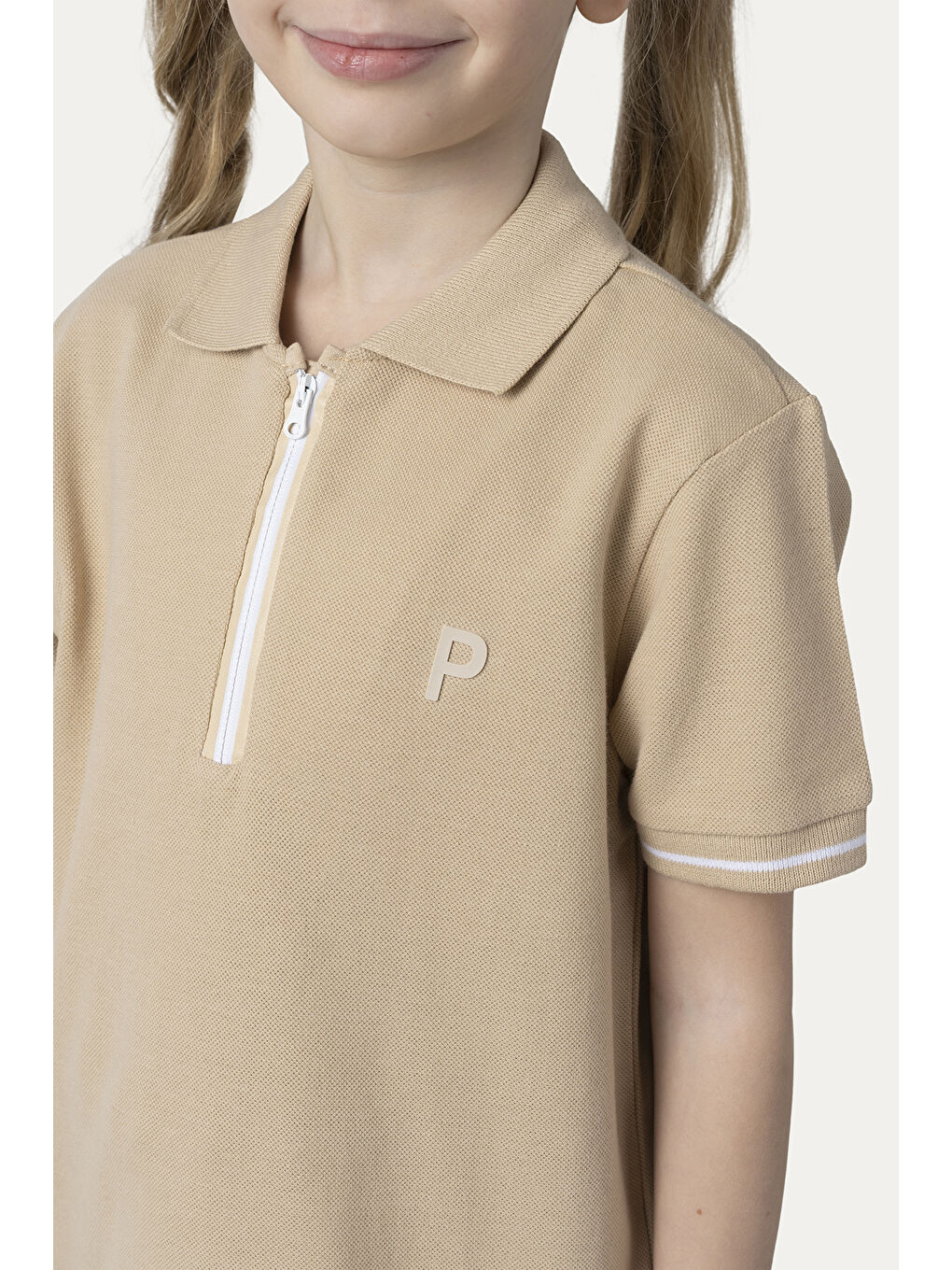 Unisex Çocuk Kısa Kollu Bej Polo Yaka Tişört-6