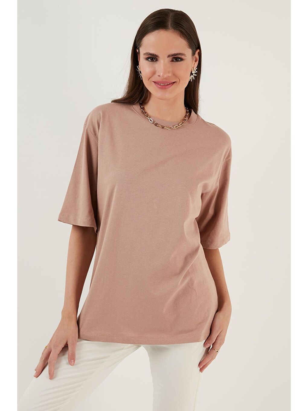 Lela Bej Pamuklu Oversize Bisiklet Yaka T Shirt 5864562 - 1