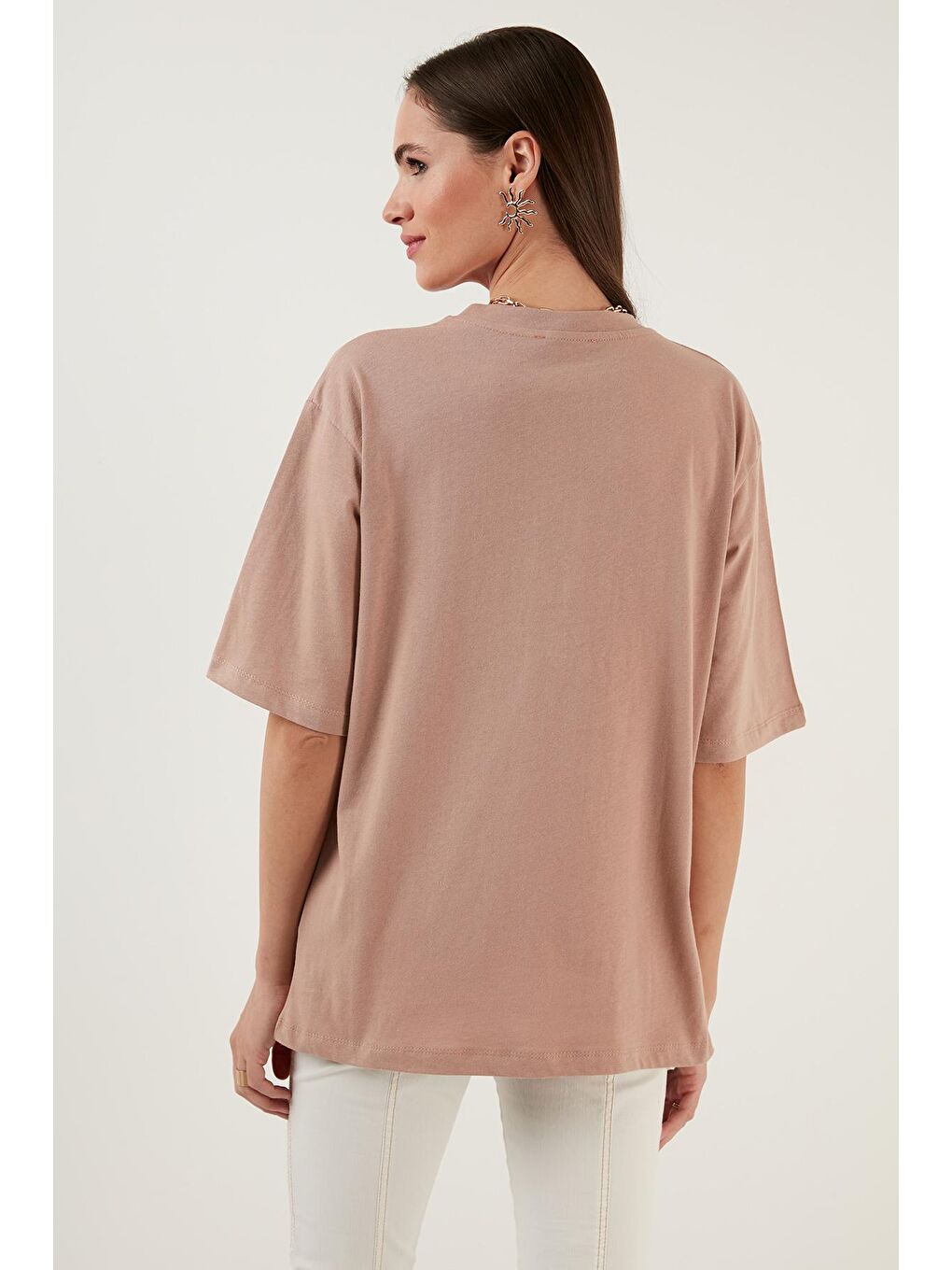 Lela Bej Pamuklu Oversize Bisiklet Yaka T Shirt 5864562 - 4