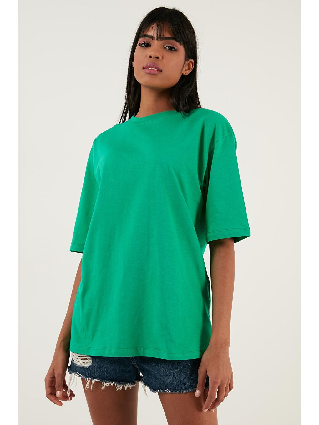 Lela Yeşil Pamuklu Oversize Bisiklet Yaka T Shirt 5864562 - 2