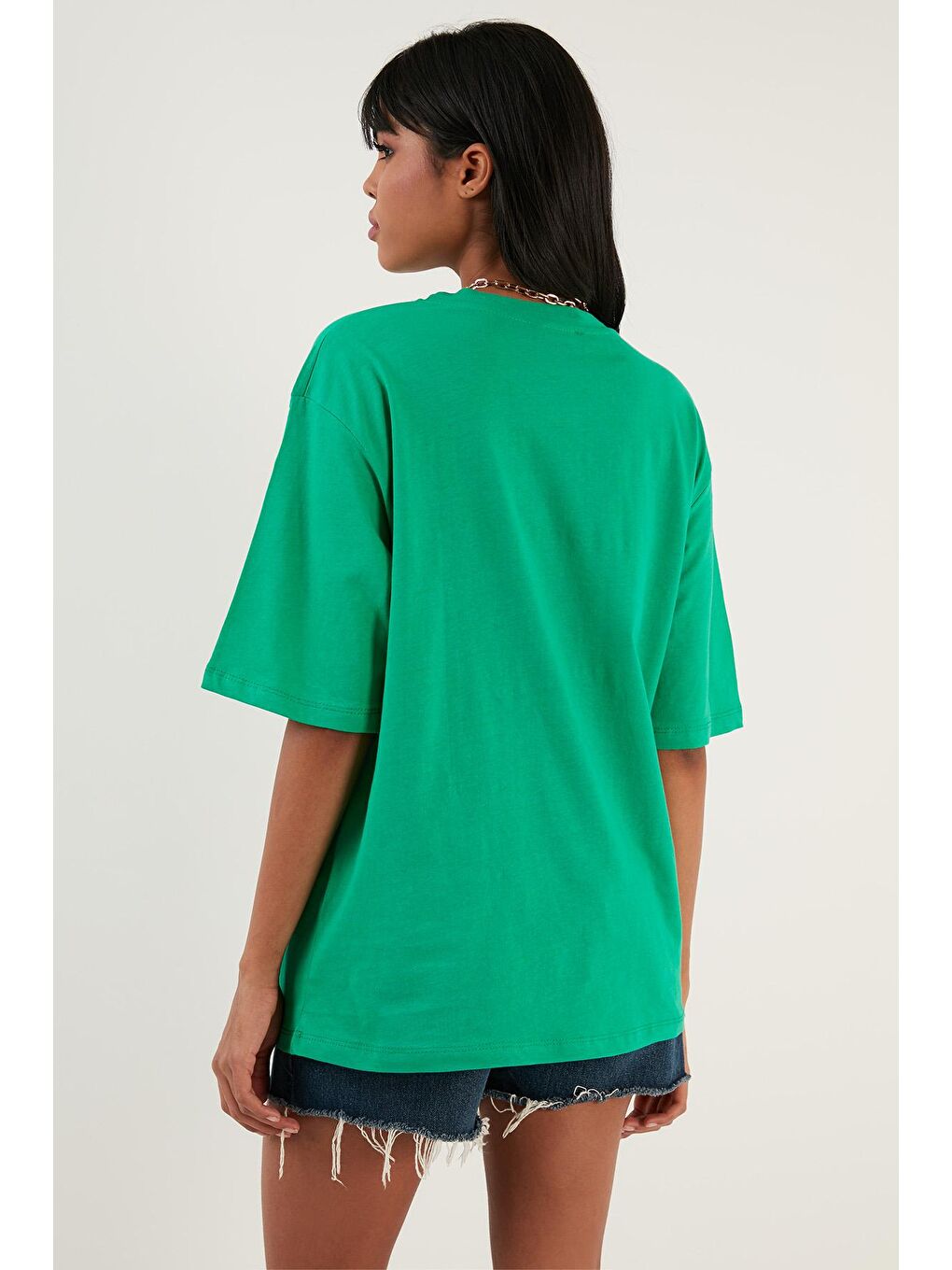 Lela Yeşil Pamuklu Oversize Bisiklet Yaka T Shirt 5864562 - 4