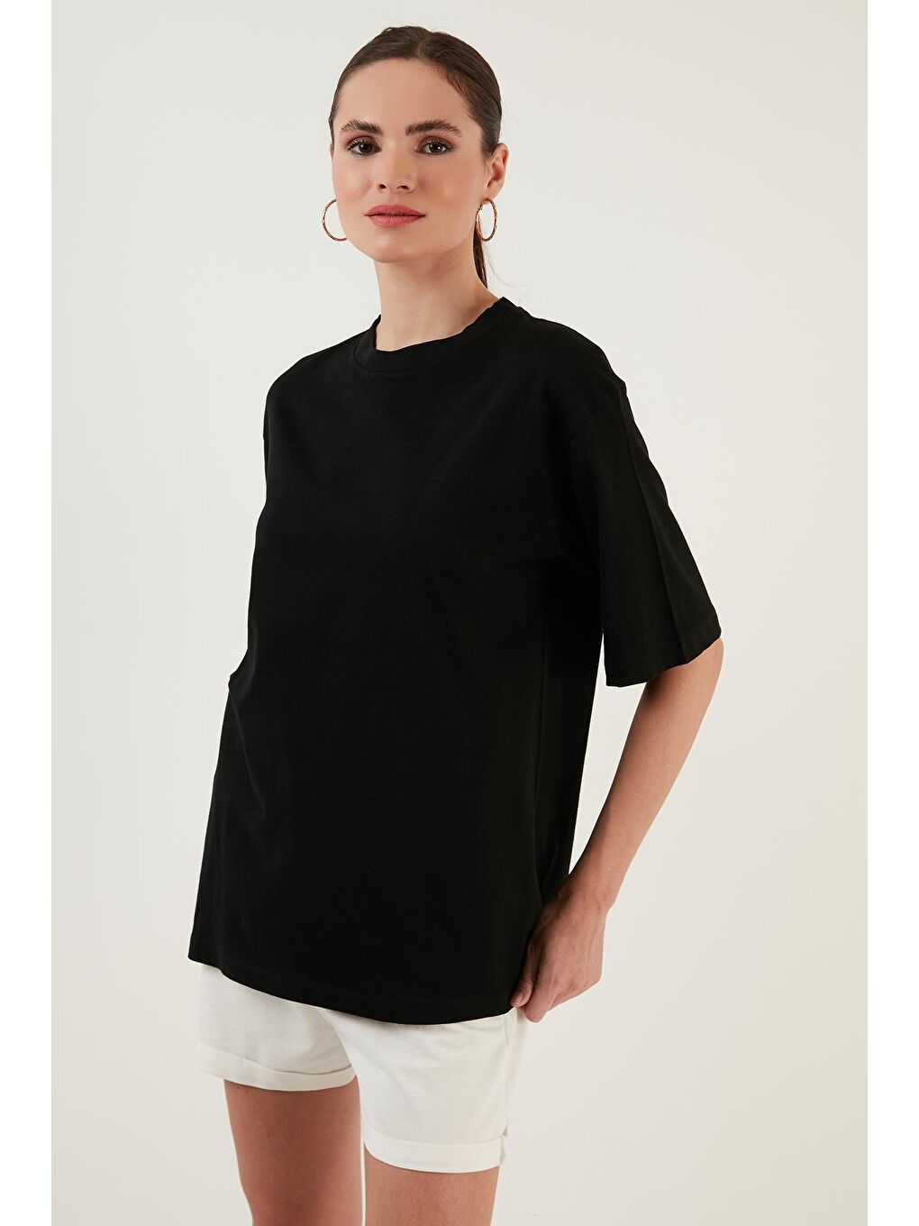 Lela Siyah Pamuklu Oversize Bisiklet Yaka T Shirt 5864562 - 2